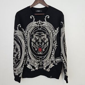 George V Paris Black and Gray Panther Design Crewneck Embellished Sweater L